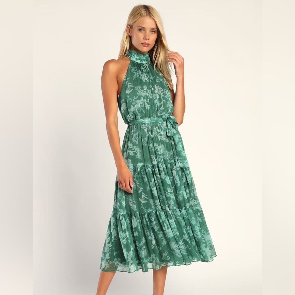 Float to You Green Floral Print Halter Tiered Midi Dress size M